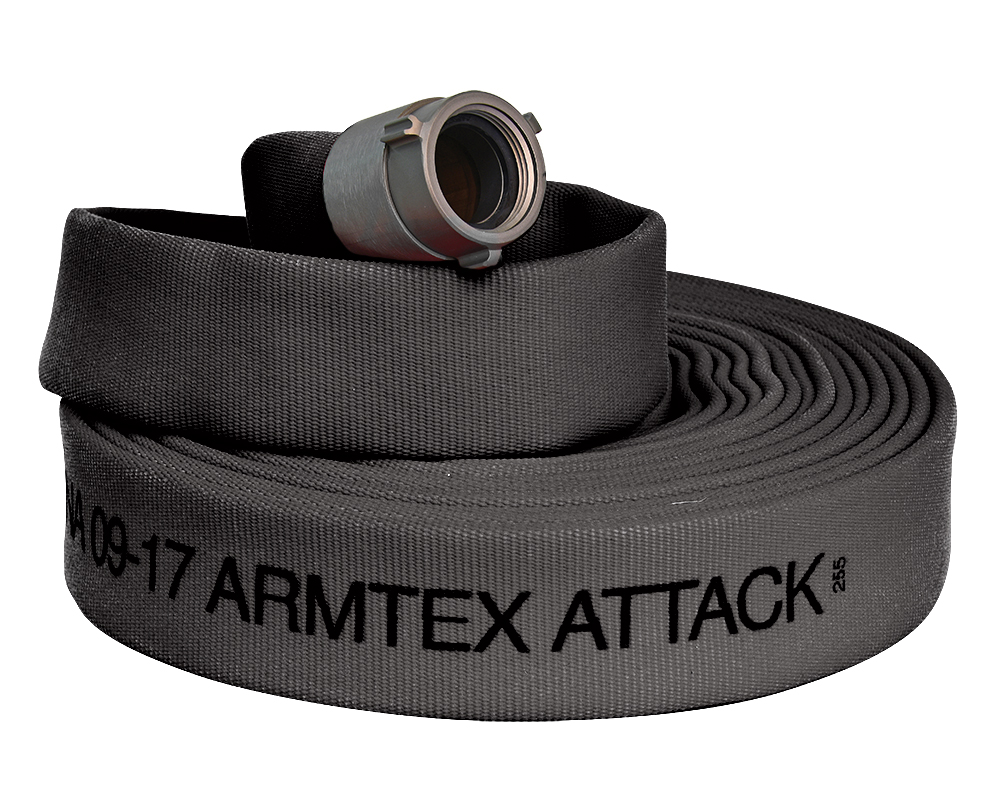 Part Number AA150L025-NH150, Armtex® Attack™ 25 ft Available Lengths, 1 1/2  in. Size, and NST Coupling Type Black Lightweight Lined Fire Hose On  Kuriyama of America,