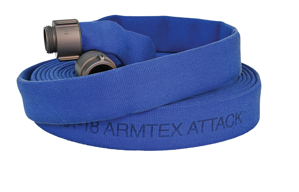 Part Number AA150B050-NH150, Armtex® Attack™ 50 ft Available Lengths, 1 1/2  in. Size, and NST Coupling Type Blue Lightweight Lined Fire Hose On  Kuriyama of America,